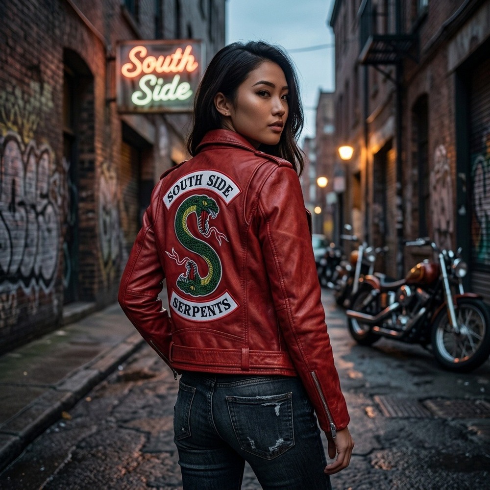 Riverdale South Side Serpents Red Real Leather Moto Jacket Womens XS Cosplay